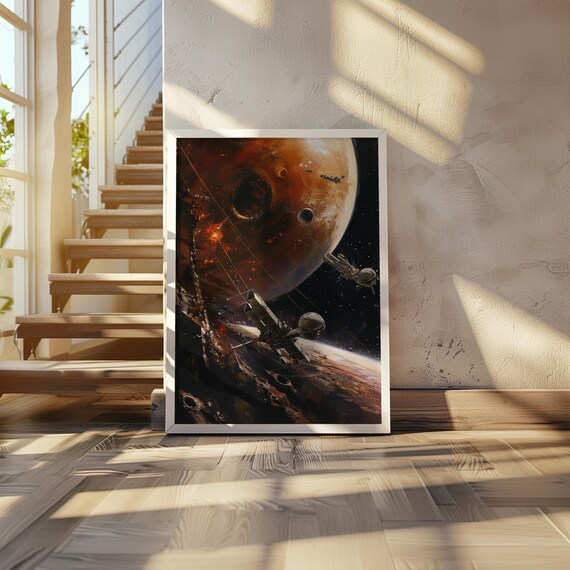 Space Station Orbiting Red Planet Cinematic Sci Fi Adventure Poster