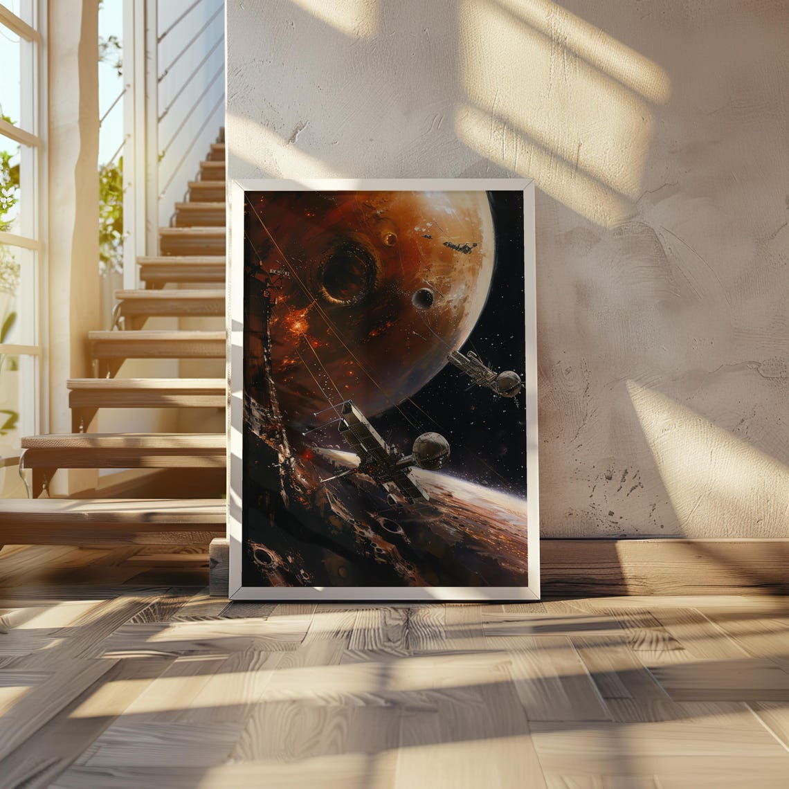 Space Station Orbiting Red Planet Cinematic Sci Fi Adventure Poster