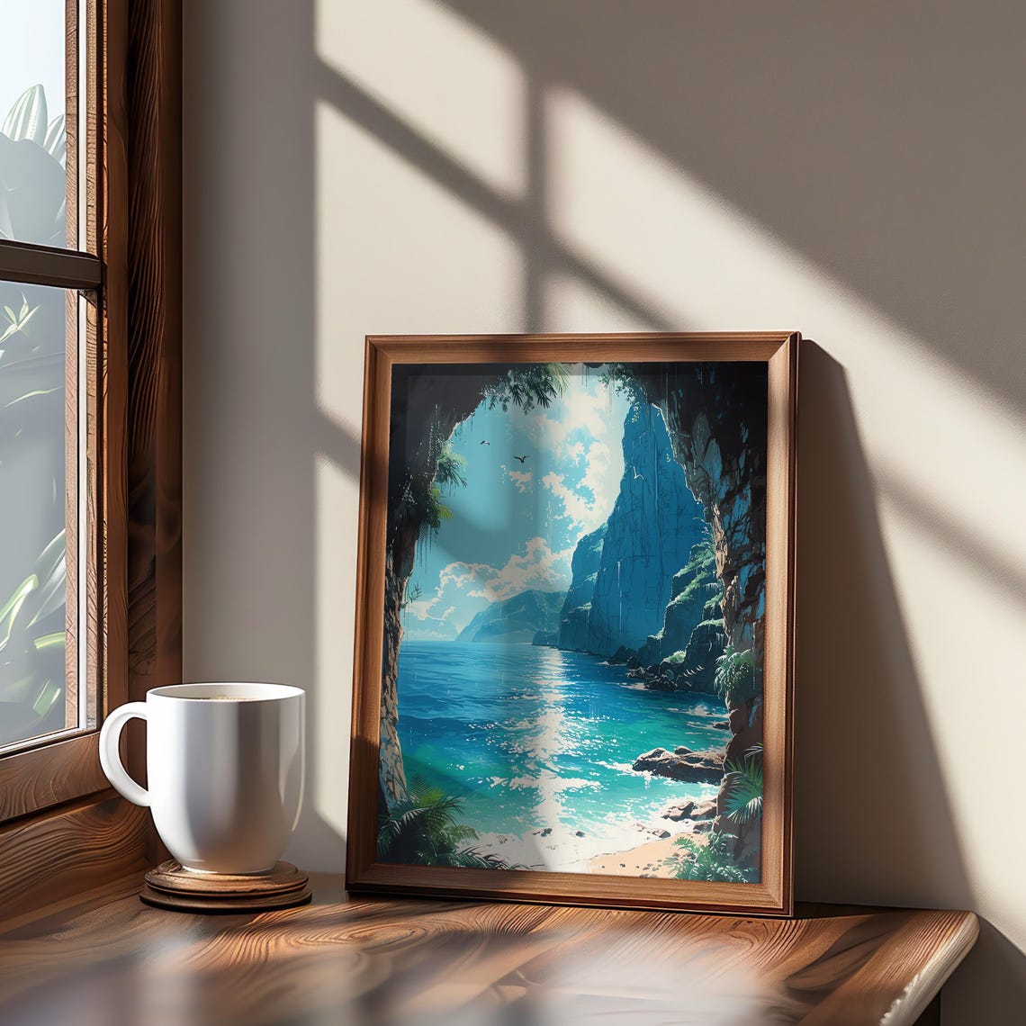 Ocean Cave Cove Poster Anime Style Turquoise Sea Cliffs Glow Art