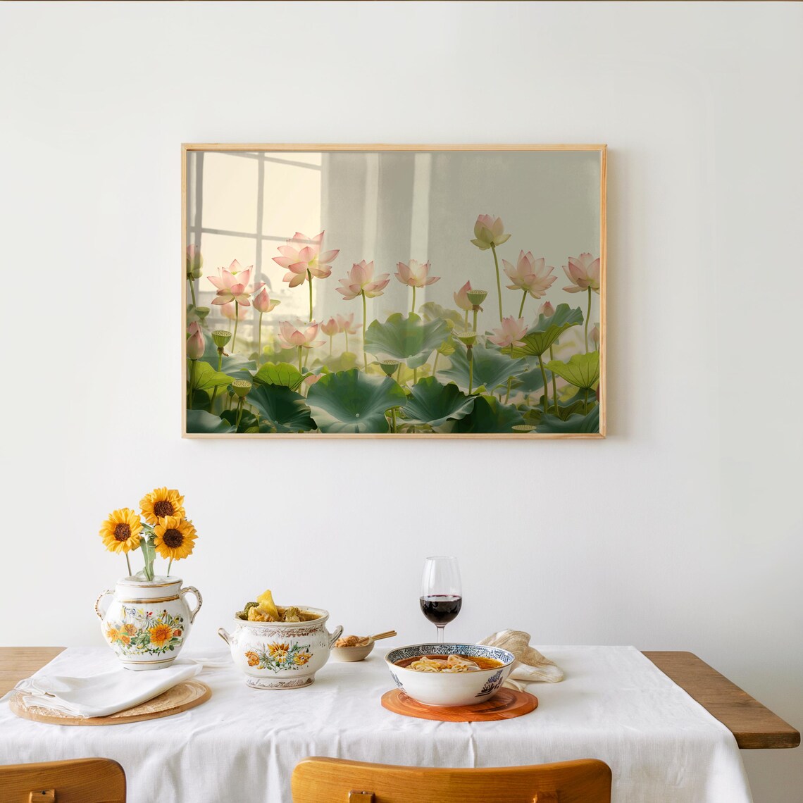 Pink Lotus Flowers Green Lily Pads Soft Pastel Botanical Painting Poster