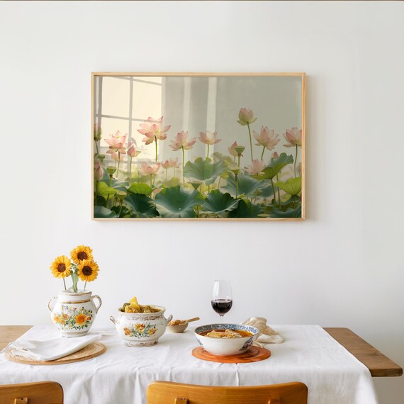 Pink Lotus Flowers Green Lily Pads Soft Pastel Botanical Painting Poster