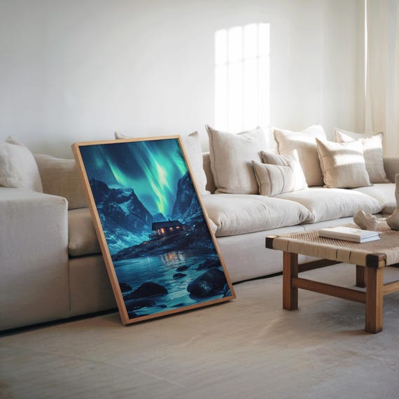 Mountain House Aurora Photorealistic Synthwave Art Neon Vibrant Colors Painting Retro Futurism Surreal Wall