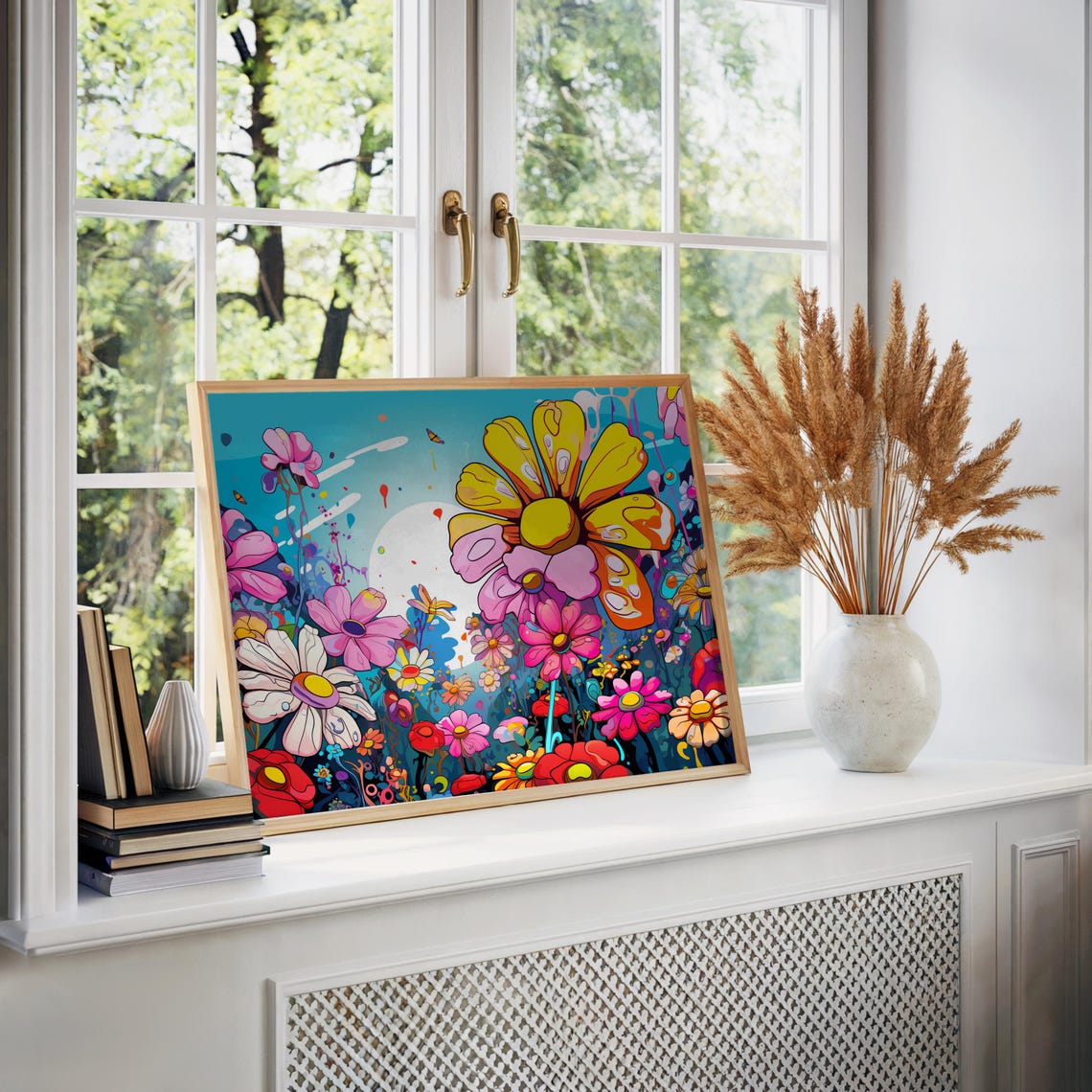 Psychedelic Floral Field Full Moon Neon Wildflowers Vibrant Art Poster