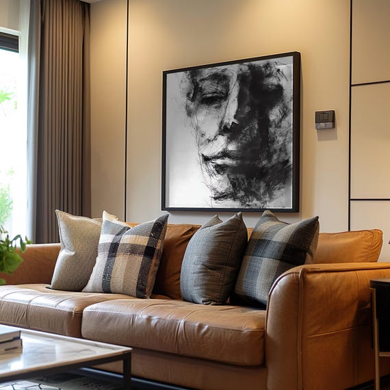Abstract Man Face Sketch Expressionist Impressionist Art Ink Illustration Monochrome Black Poster Textured Grainy Print Wall
