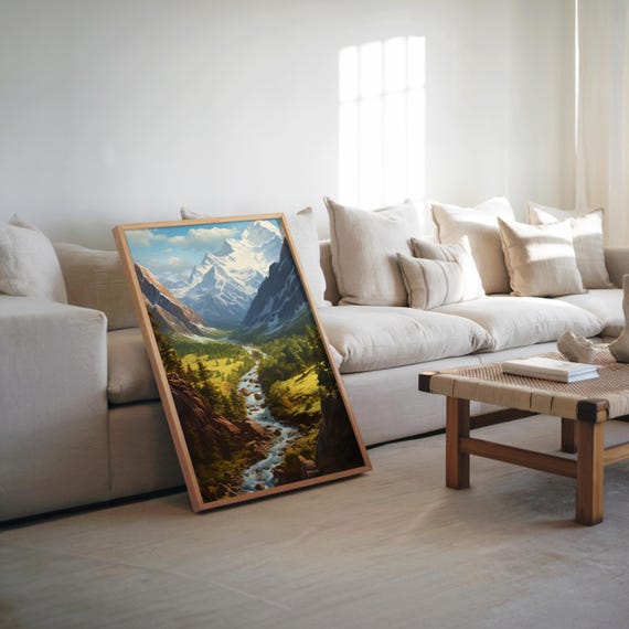 Impressionist Mountain Stream Print Warm Tones Modern Art Detailed Artwork Muted Color Nature Scene Contemporary Wall Decor