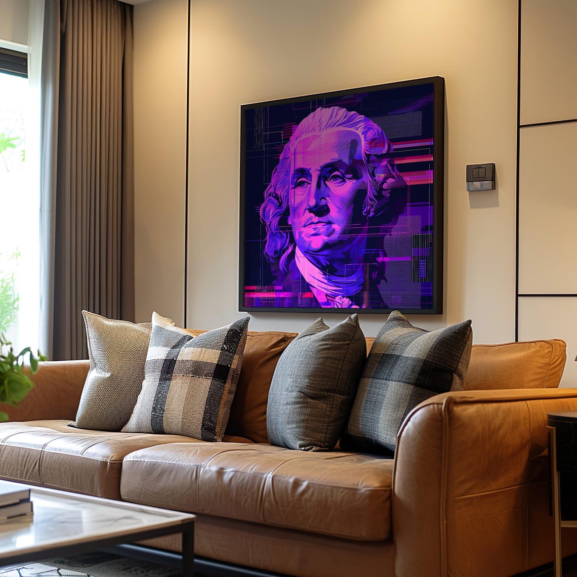 George Washington Neon Pop Art Glitch Portrait Poster for Offices
