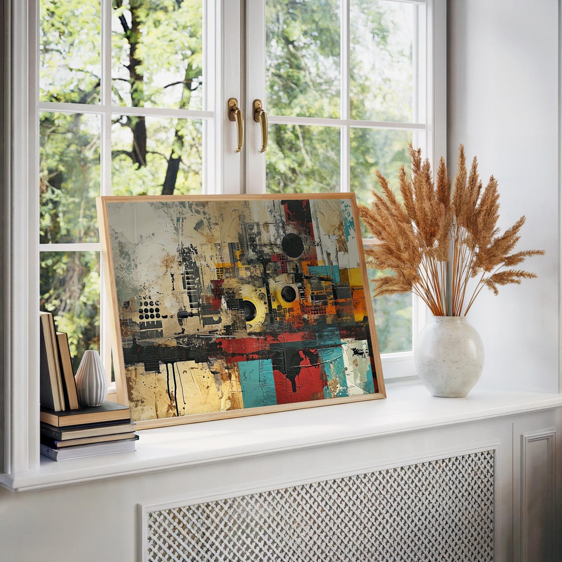 Midcentury Modern Maximalist Cityscape Collage Painting Muted Vibrant Colors Retro Texture Noisy A