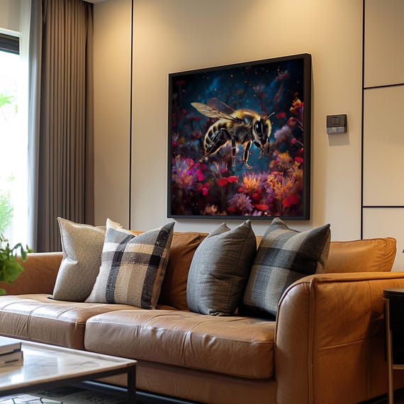 Bee And Flowers Photorealistic Impressionism 3d Rendered Art Illustration Neon Colors Vibrant Vibe