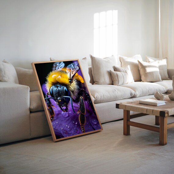 Bee In Bloom Vibrant Insect Art Purple Floral Poster Photorealistic Oil Painting Airbrushed Detail Glossy Black Background