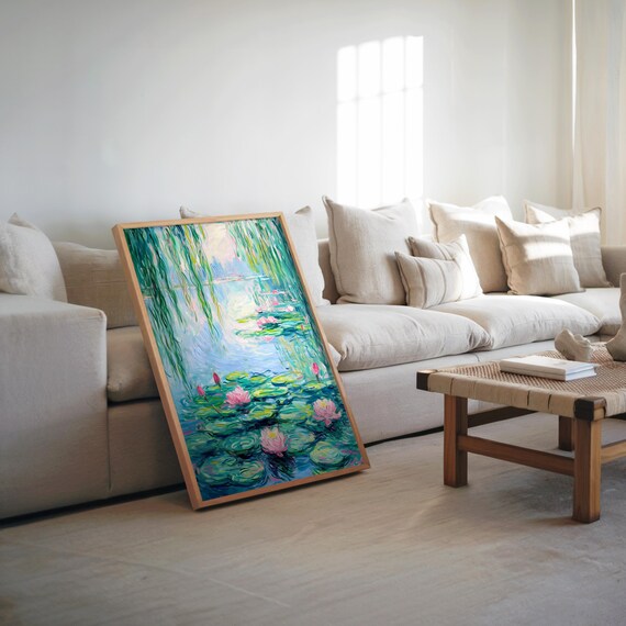 Water Lily Pond Impressionist Painting Willow Trees Pastel Wall Art