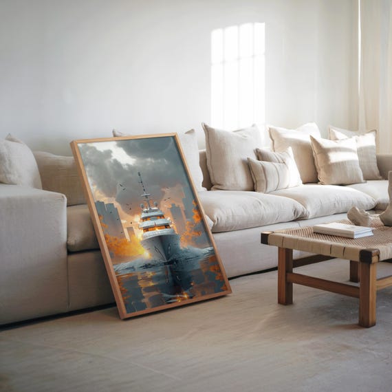 Photorealistic Modern Cityscape Art Illustration Urban Poster White Boat On Water City Background Palette W11390