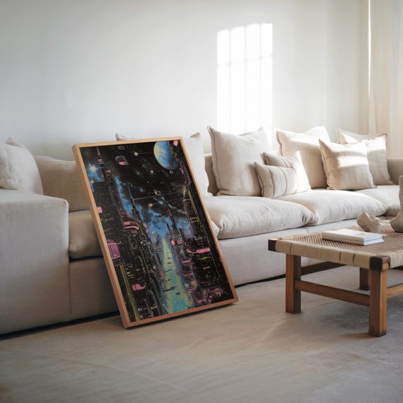 Retrofuturism Synthwave Cityscape Neon Lights Extraterrestrial Planet Poster Highdetail Dreamy Art Air
