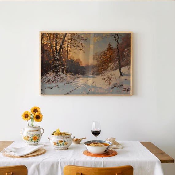 Winter Forest Impressions Poster Midcentury Modern Art Warm Hues Dreamy Ambiance Oil Gouache Canvas Snowy