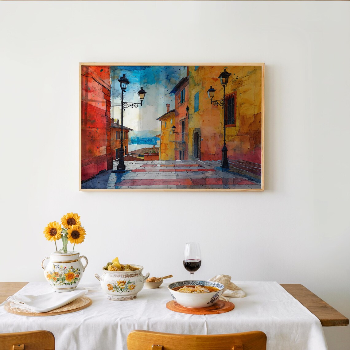 Vibrant Watercolor Old Town Street Lamps European Alley Poster