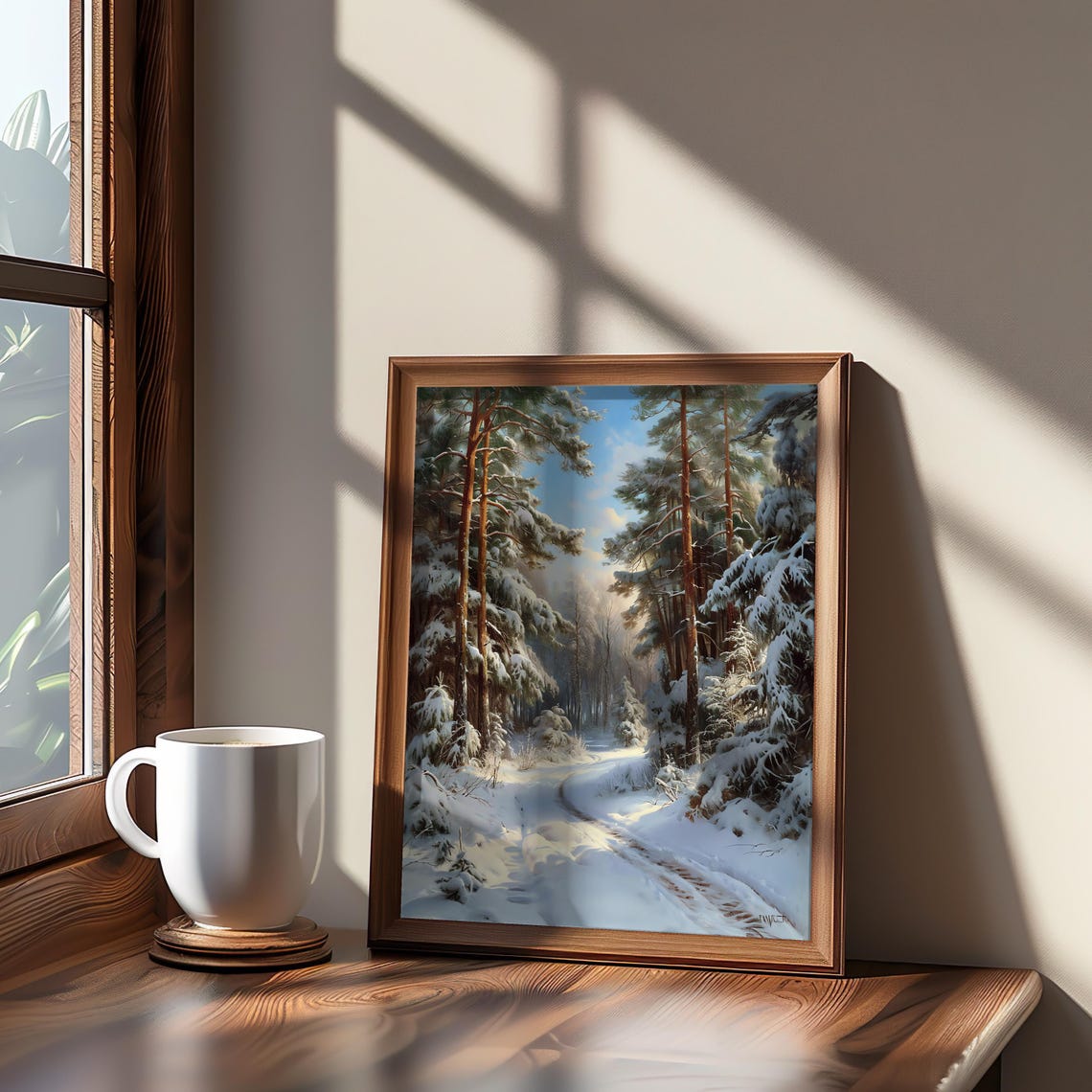 Snowy Pine Forest Winter Trail Peaceful Christmas Art Poster