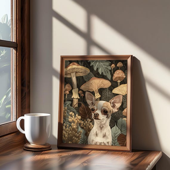 Psychedelic Mushroom Dog Illustration Maximalist Wall Art Print Muted Cool Tones Screen Room Decor