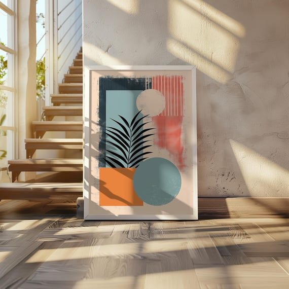 Brutalist Midcentury Plant Moon Print Retro Cool Tone Art Vintage Illustration Poster Space Botanical Wall Decor 20 X 28