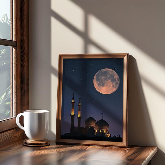 Modernist Minimalist Mosque Night Sky Art Vector Poster Photo Manipulation Dreamy Black White Print Wall Decor Islamic