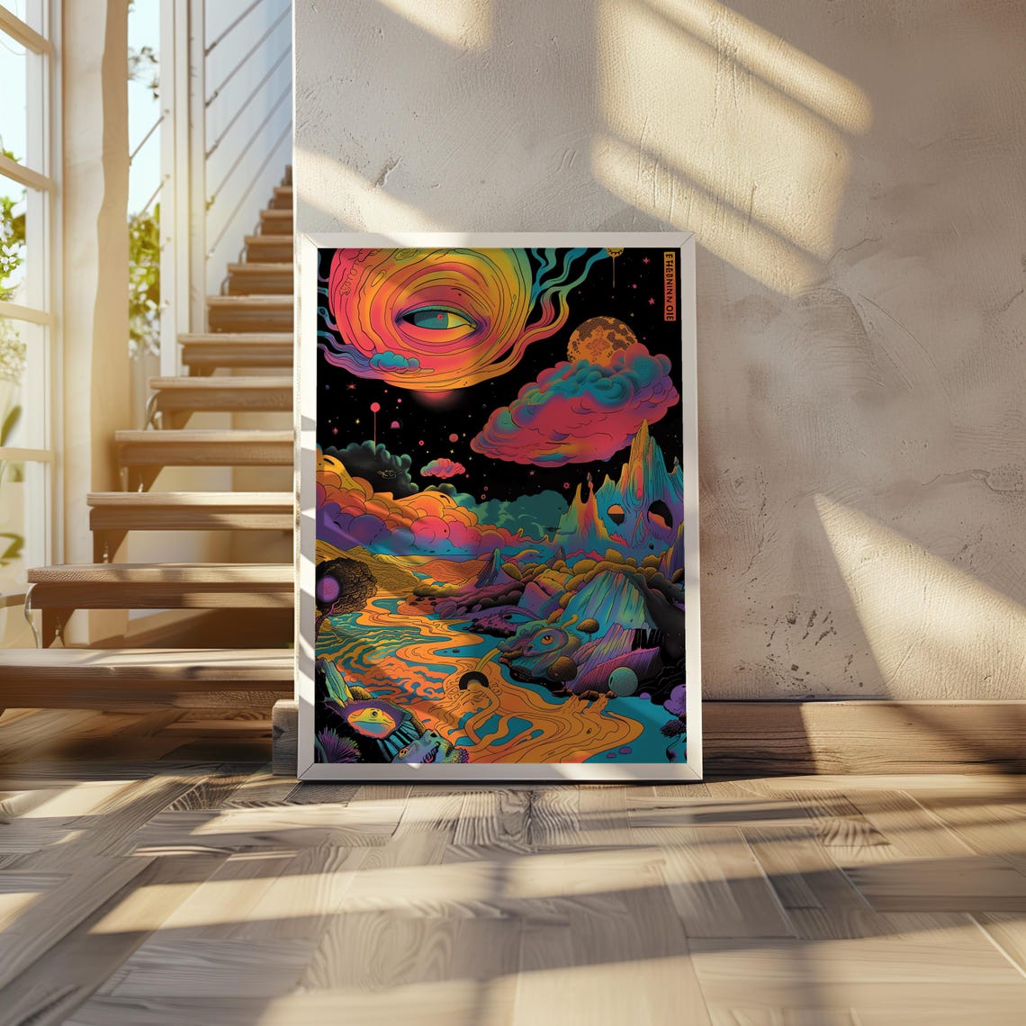 Psychedelic Desert Eye in Sky Neon Surreal Landscape Art Poster