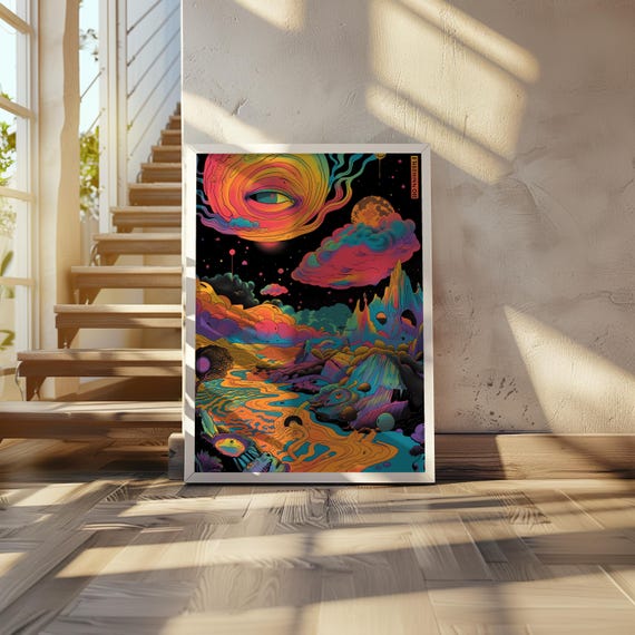 Psychedelic Desert Poster Vibrant Neon Colors Maximalist Style Illustration Screen Print Art Unique Wall 20 X 28