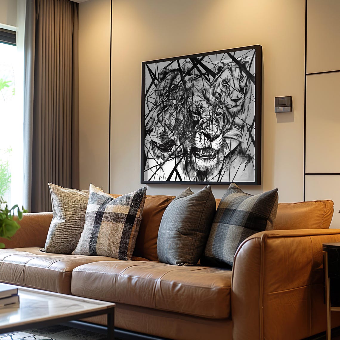 Majestic Lions Black Ink Line Drawing Expressionist Art Poster