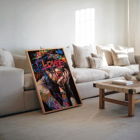 Graffiti Pop Art Woman Face With Love Text Colorful Street Style Poster