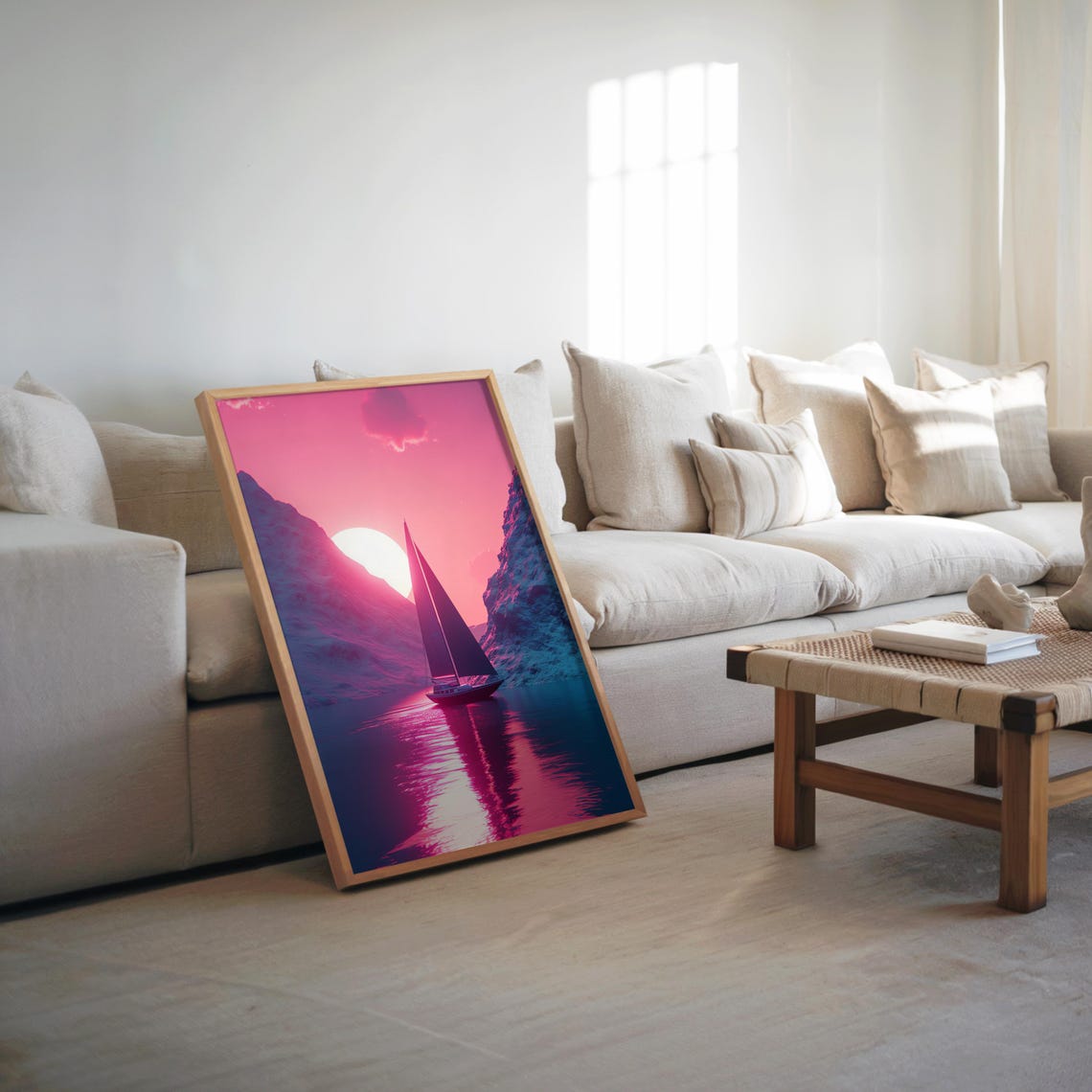 Synthwave Sailboat Sunset Poster Neon Pink Retro Vaporwave Ocean