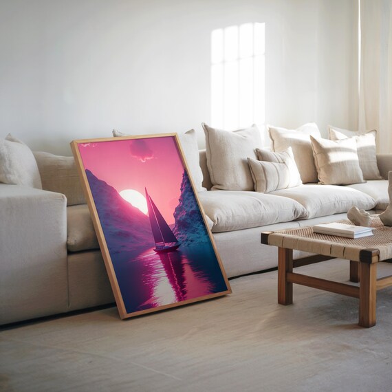 Synthwave Sailboat Sunset Poster Neon Pink Retro Vaporwave Ocean