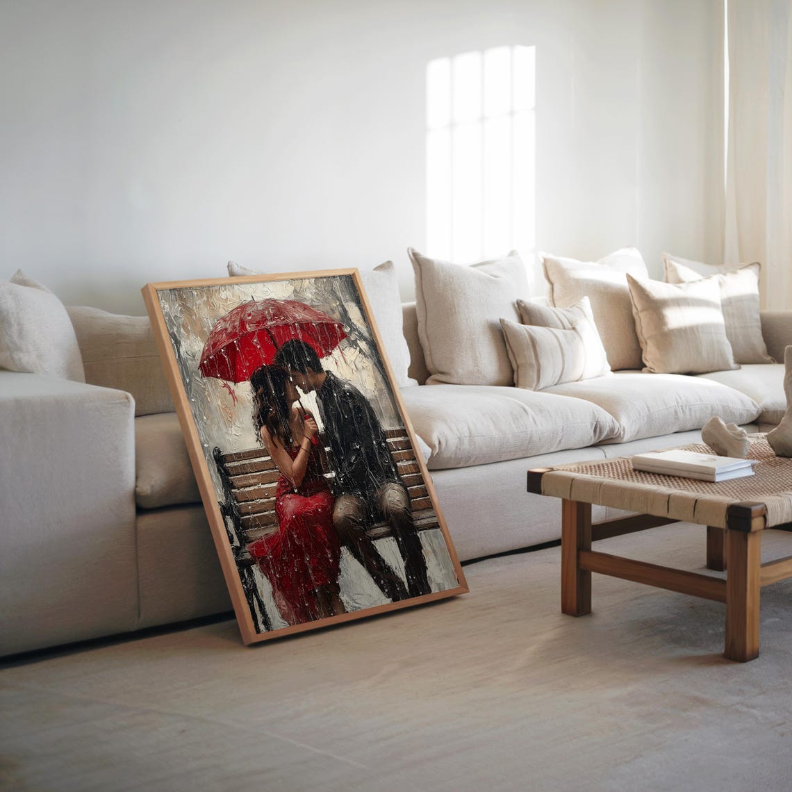 Rainy Day Lovers Kissing On Bench Red Umbrella Impasto Art Poster