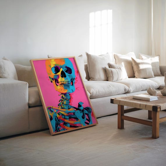 Vaporwave Skeleton Psychedelic Poster Riso Screen Print Neon Colors Vibe Art Wall Decor Retro Futur