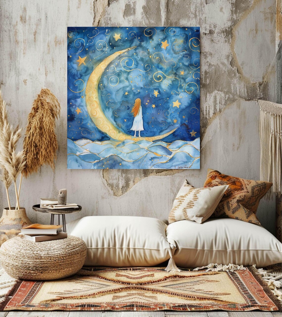 Moon And Girl, Dreamy Cosmic Night Sky Art - Image 2