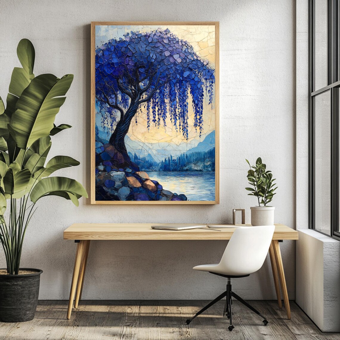 Blue Willow Tree Art Print, Textured Landscape - Image 3
