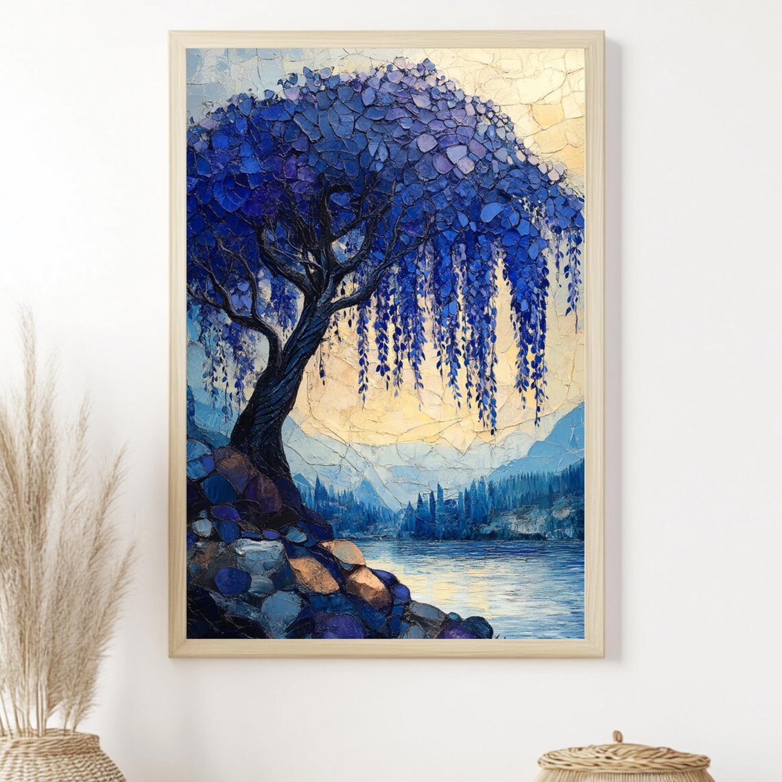 Blue Willow Tree Art Print, Textured Landscape