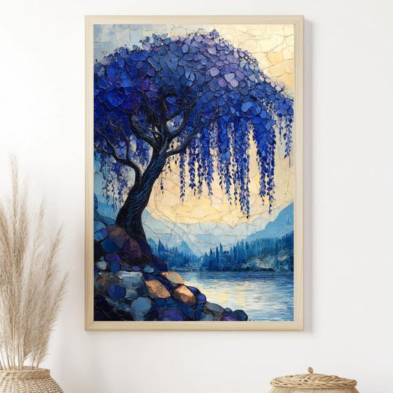 Blue Willow Tree Art Print, Textured Landscape