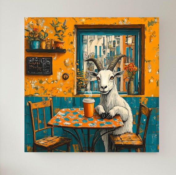 Maximalist Goat Wall Art Colorful Cafe Animal Decor Bold Home Accent For Quirky Spaces Instant Art