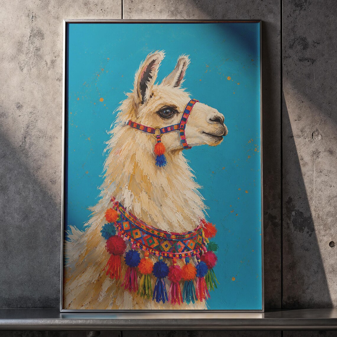 Colorful Llama Pom Pom Fiesta Collar Turquoise Folk Art Poster