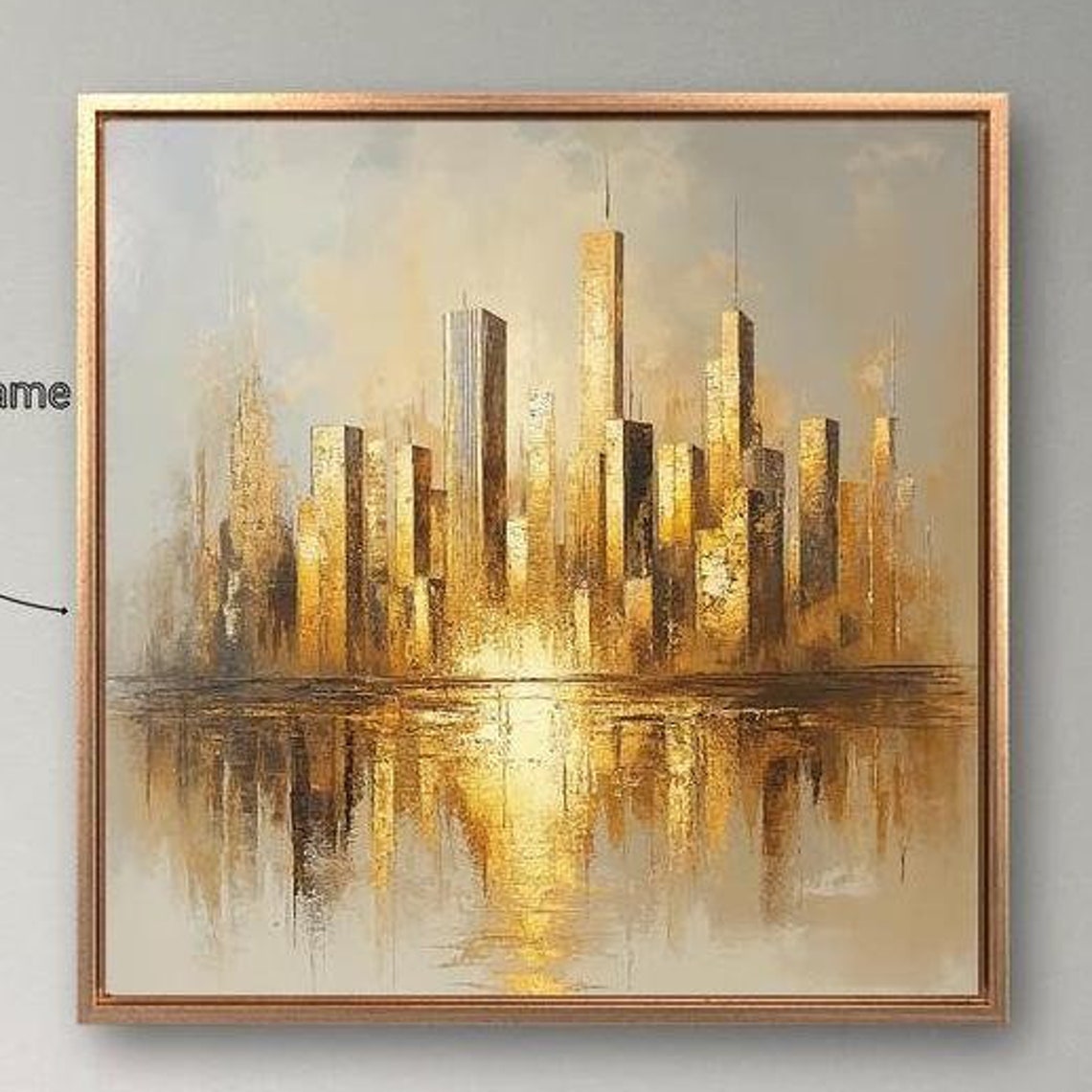 Glowing Golden City Skyline Tall Towers Water Reflection Art Print