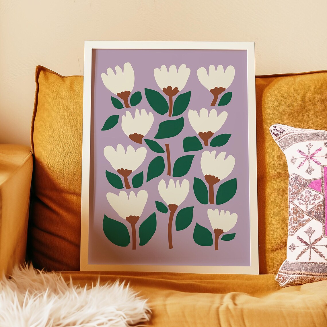 White Flowers Lavender Background Minimalist Floral Pattern Poster