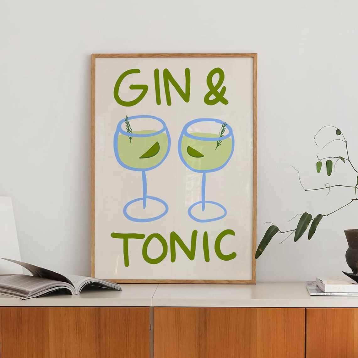 Gin and Tonic Two Cocktail Glasses Hand Drawn Retro Bar Poster