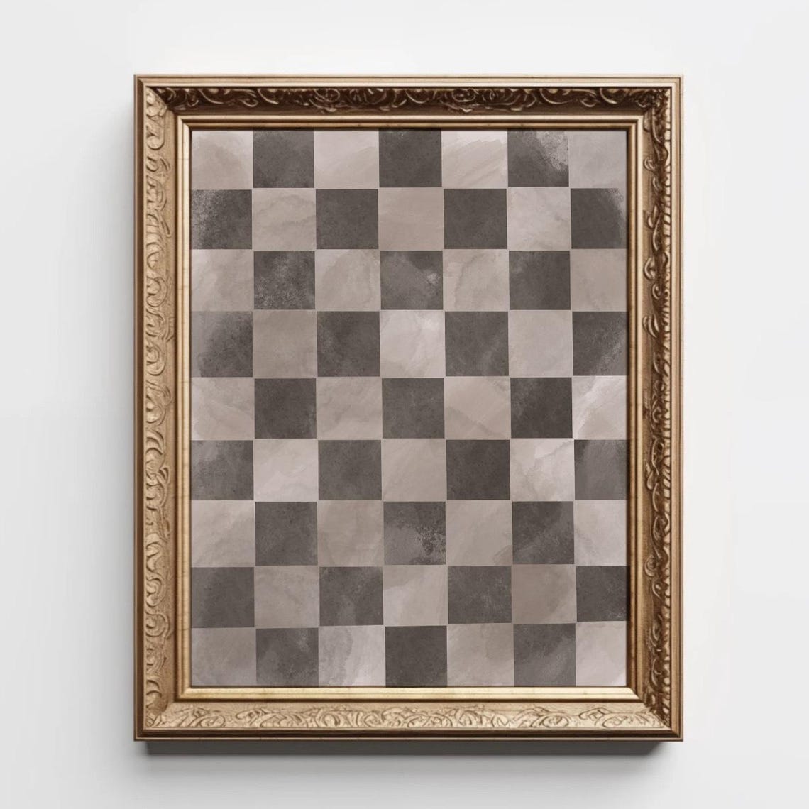 Neutral Gray Checkerboard Squares Watercolor Modern Geometric Print