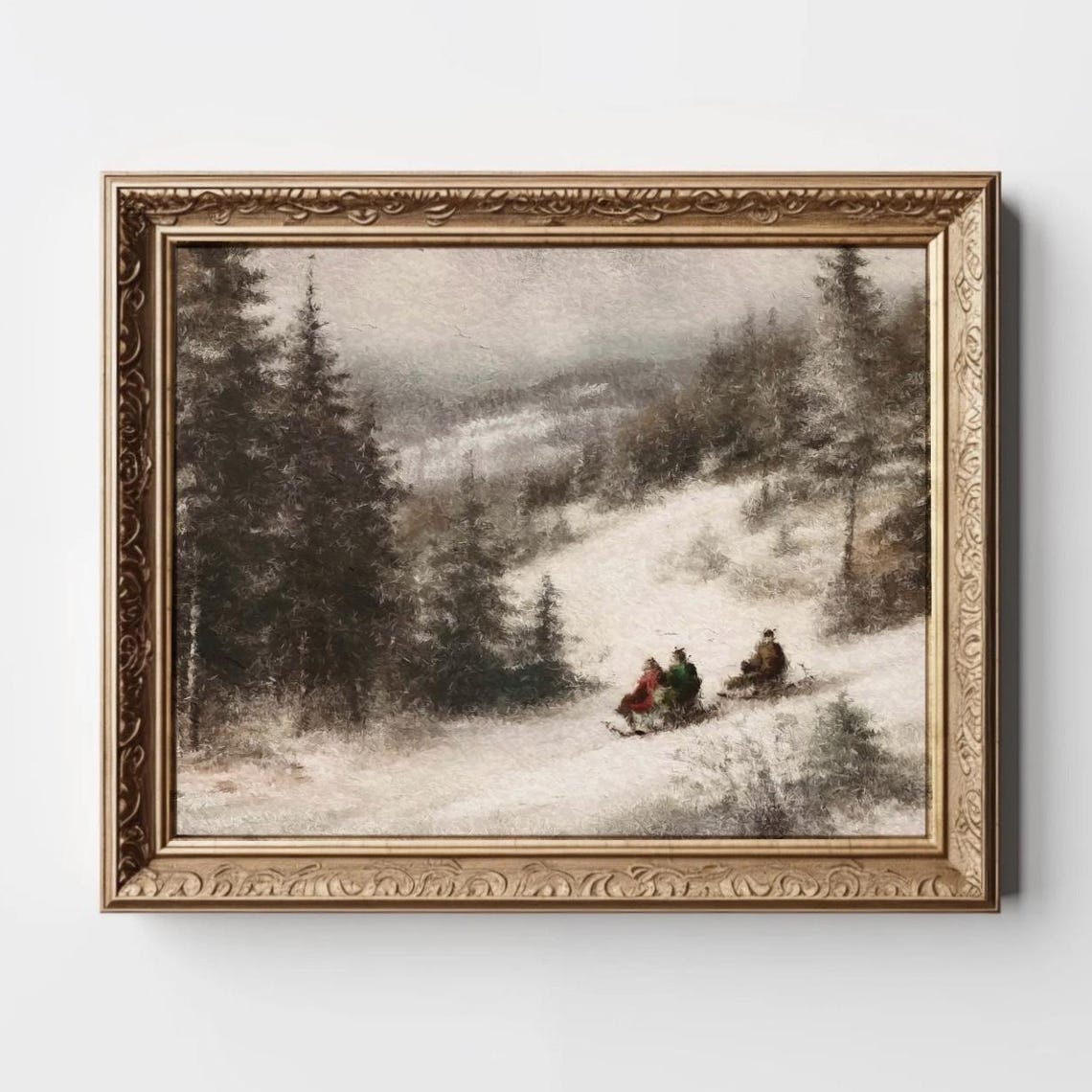 Vintage Sledding Snowy Hill Winter Forest Nostalgic Scene Poster