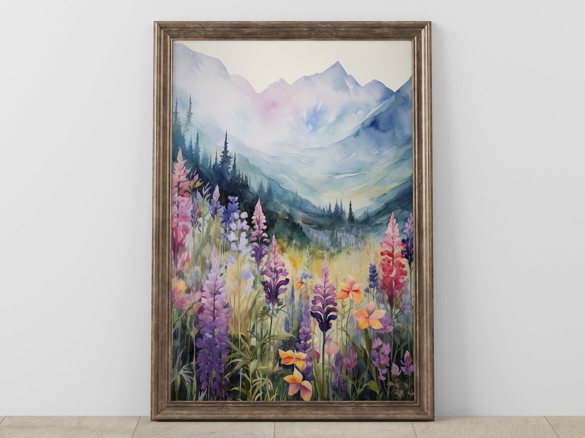 Mountain Landscape Print, Colorful Floral Rustic Nature