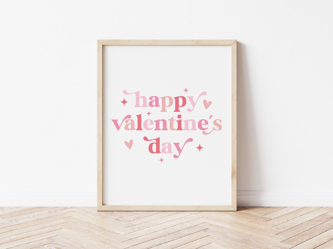 Happy Valentines Day Pink Retro Typography Hearts Sparkles Poster