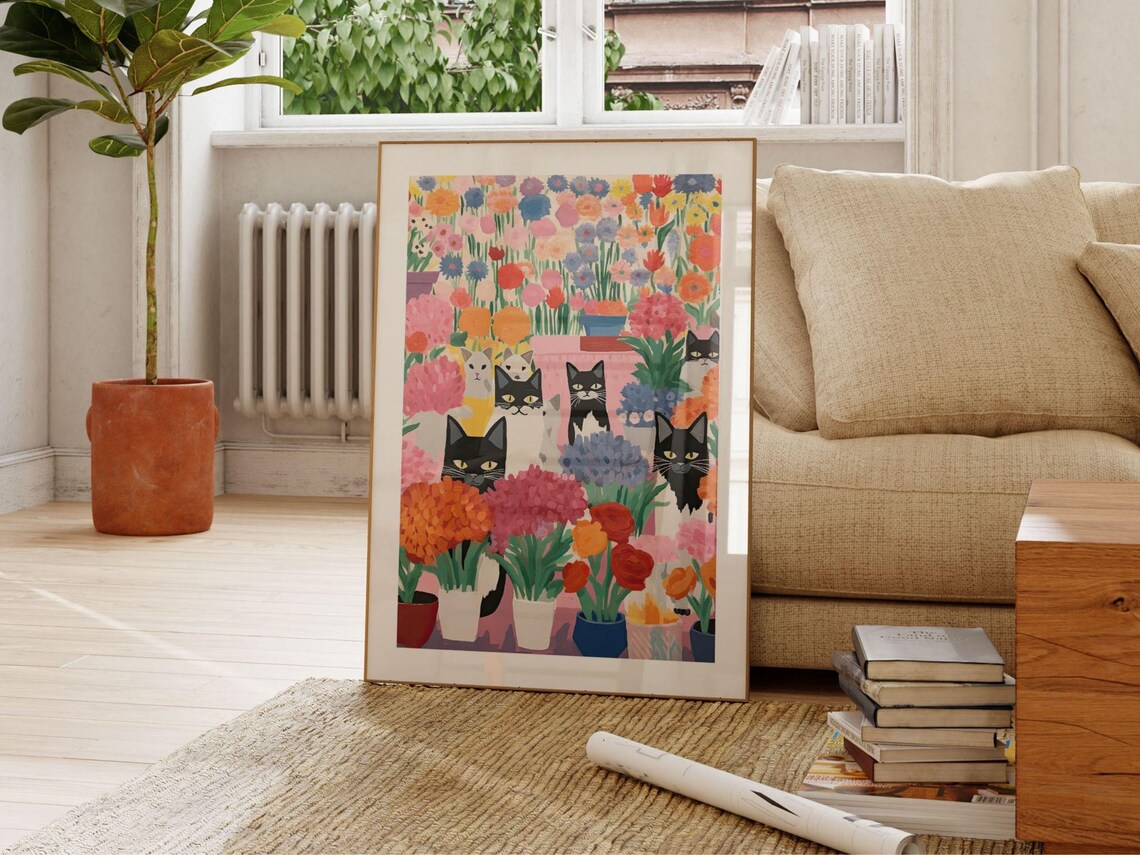 Black and White Cats Hiding Among Potted Flower Plants Wall Art - Image 2