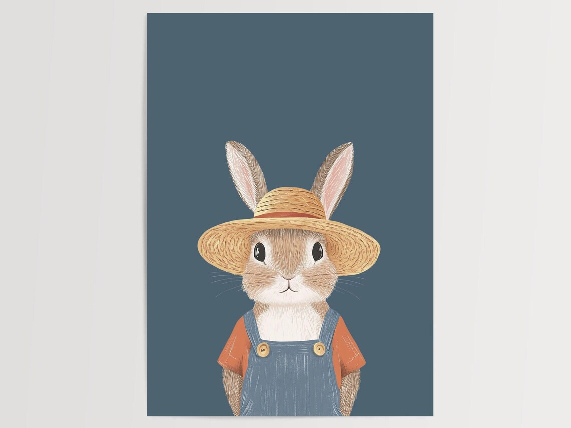 Bunny in Straw Hat and Overalls Nursery Kids Room Decor Poster - Image 2