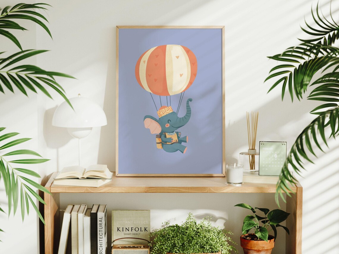 Baby Elephant Hot Air Balloon Adventure Nursery Kids Room Poster - Image 2