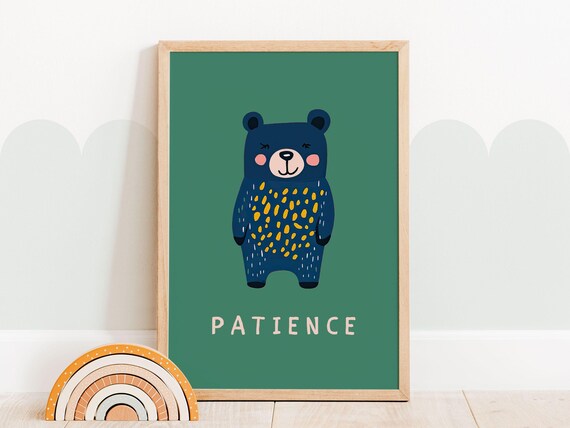 Navy Bear Patience Nursery Poster Green Background Kids Room Wall Decor