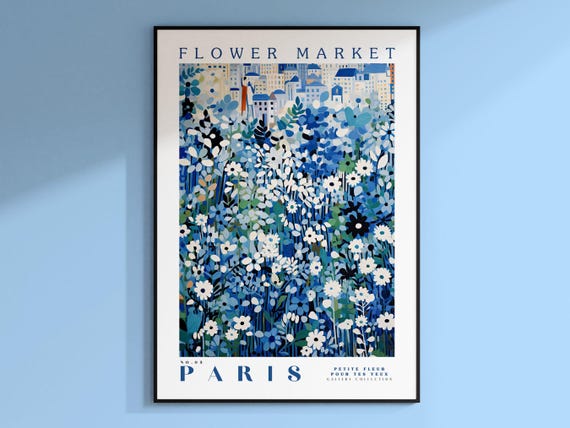 Paris Flower Market Blue Botanical Travel Poster