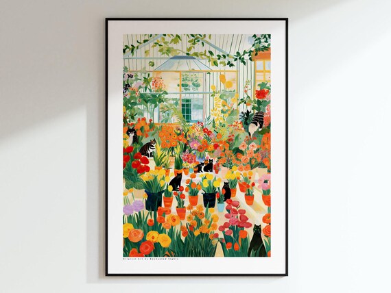 Playful Black Cats Hidden In A Greenhouse Flower Market Poster