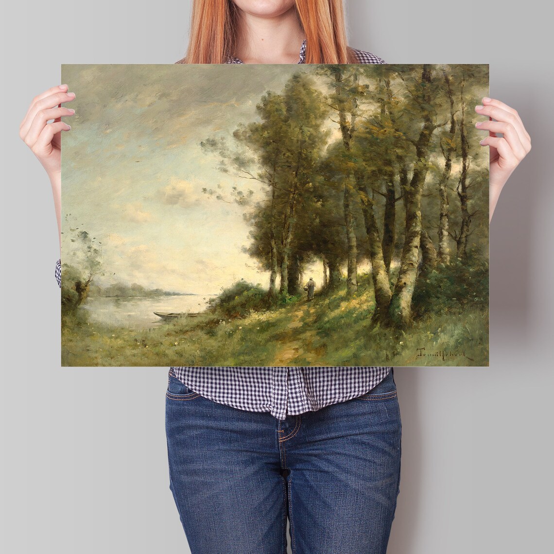 Vintage Oil Painting Woodland River Path Lone Walker Boat Art Poster - Image 4